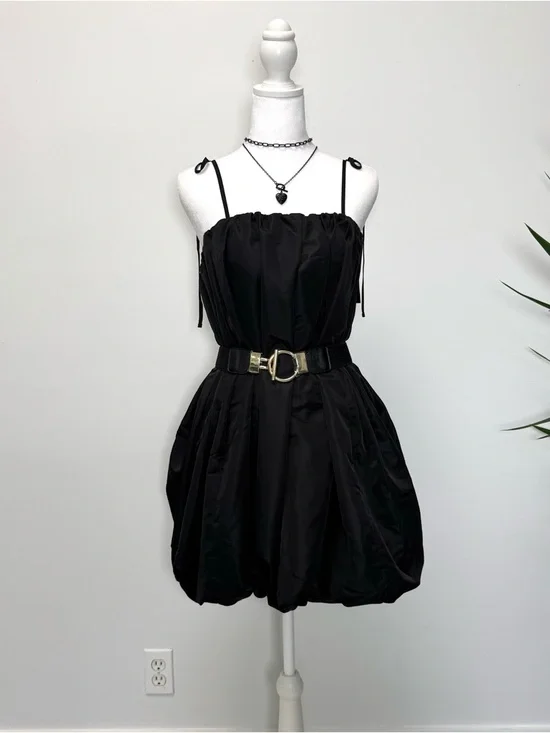 Black Taffeta Bubble Hem Mini Dress NWT M Minimalist LBD Whimsygoth Formal - Picture 6 of 7